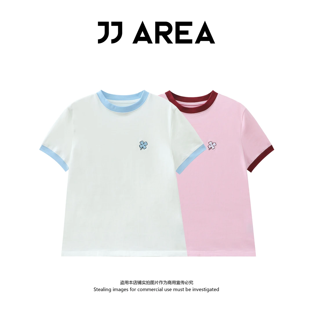 【JJ AREA】娇娇“拼色四叶草”高级感拼色纯棉情侣刺绣25新款短袖