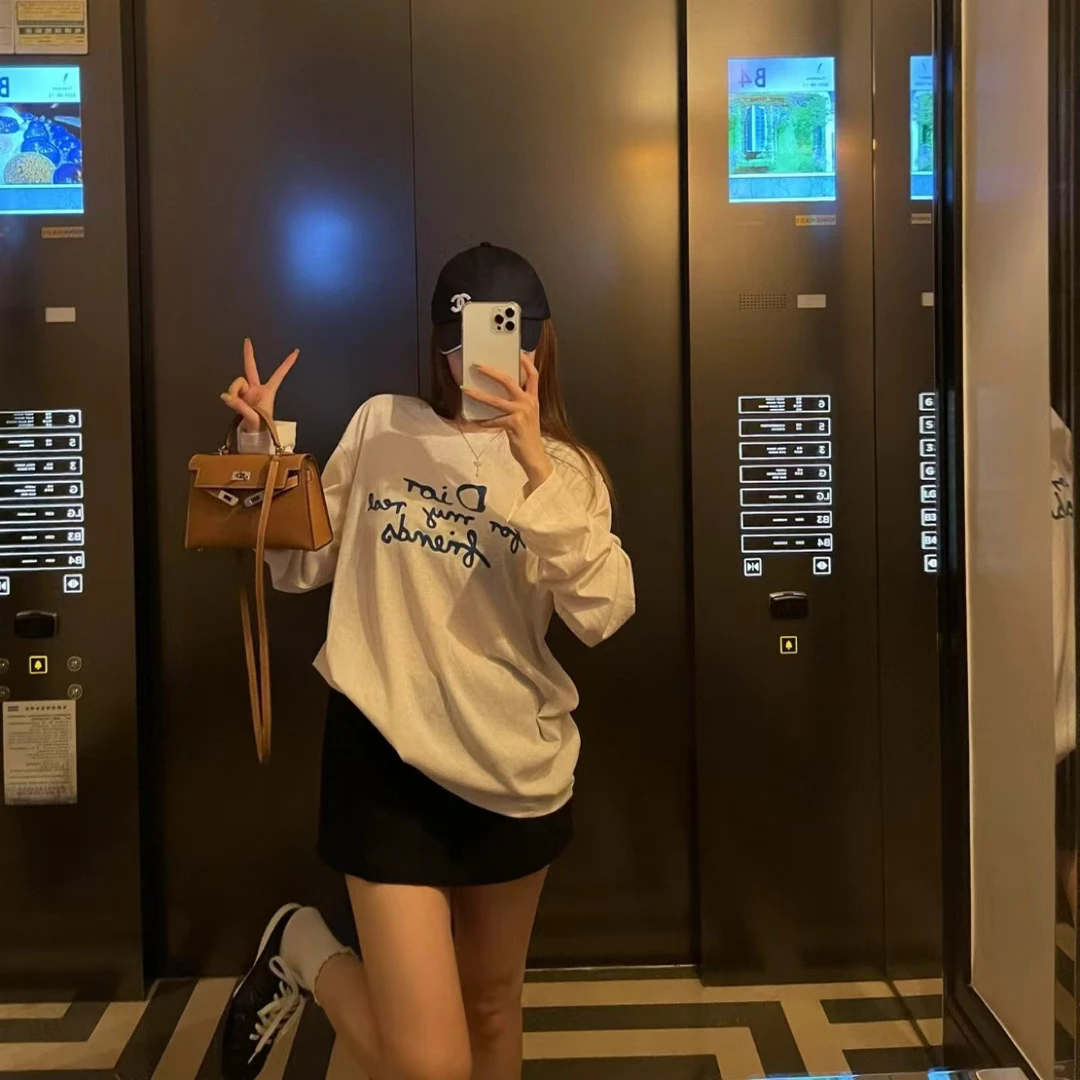LuoXue 常规款字母长袖休闲风圆领女T恤学生oversize百搭ins