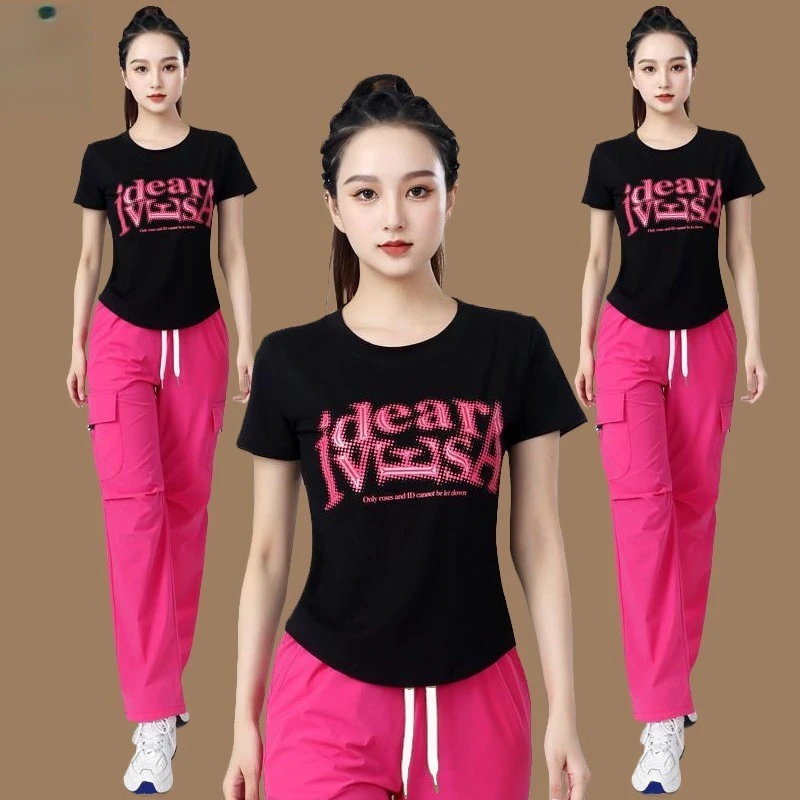 新款时尚广场舞服装套装短袖薄款弹力运动体操跳鬼步舞蹈健身衣