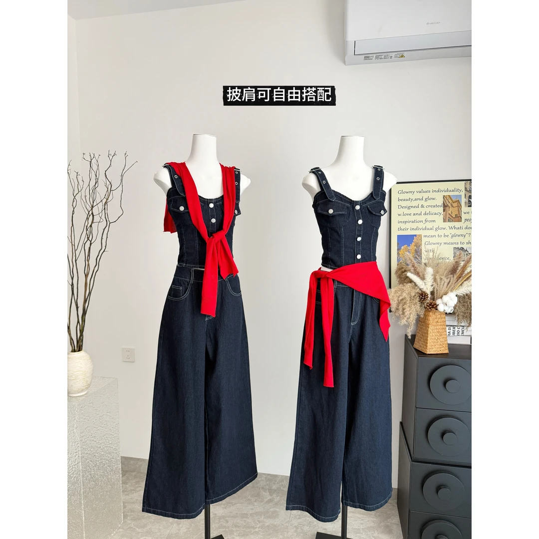 YZ专柜品质牛了牛了 辣妹牛仔2025春季新款抹胸鱼骨两件套