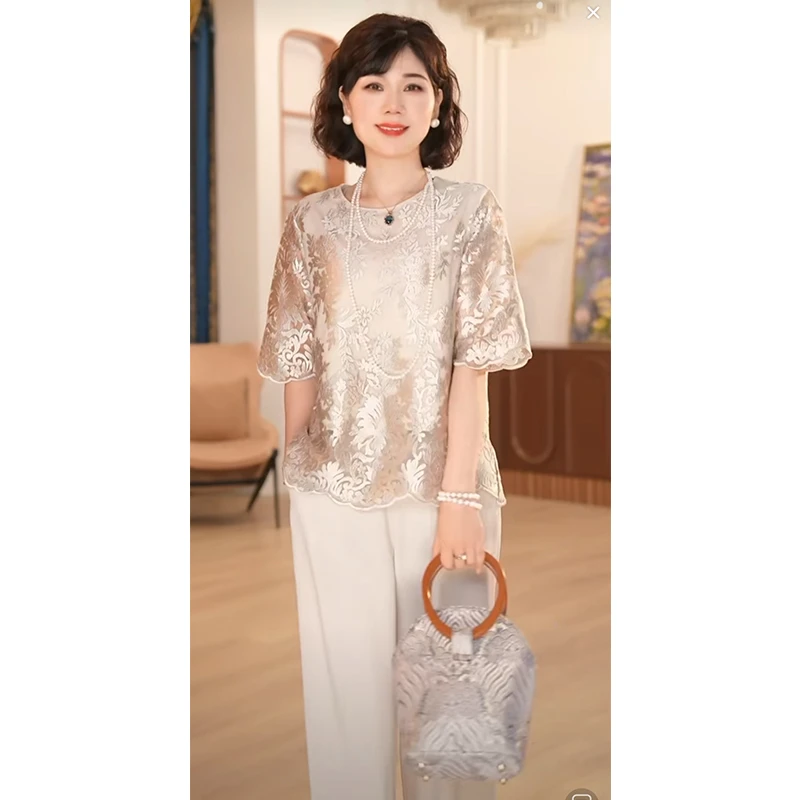 妈妈夏装2025新款套装短袖T恤上衣中老年两件套妈妈装夏季