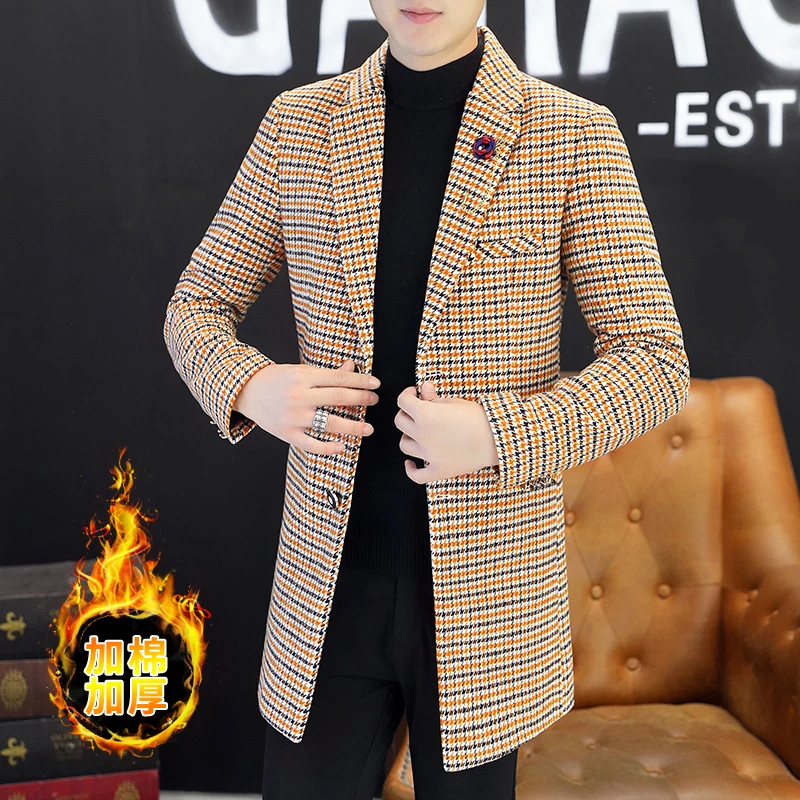 富比莫维中长款风衣加棉加厚韩版毛呢大衣修身格子西装领秋冬呢子