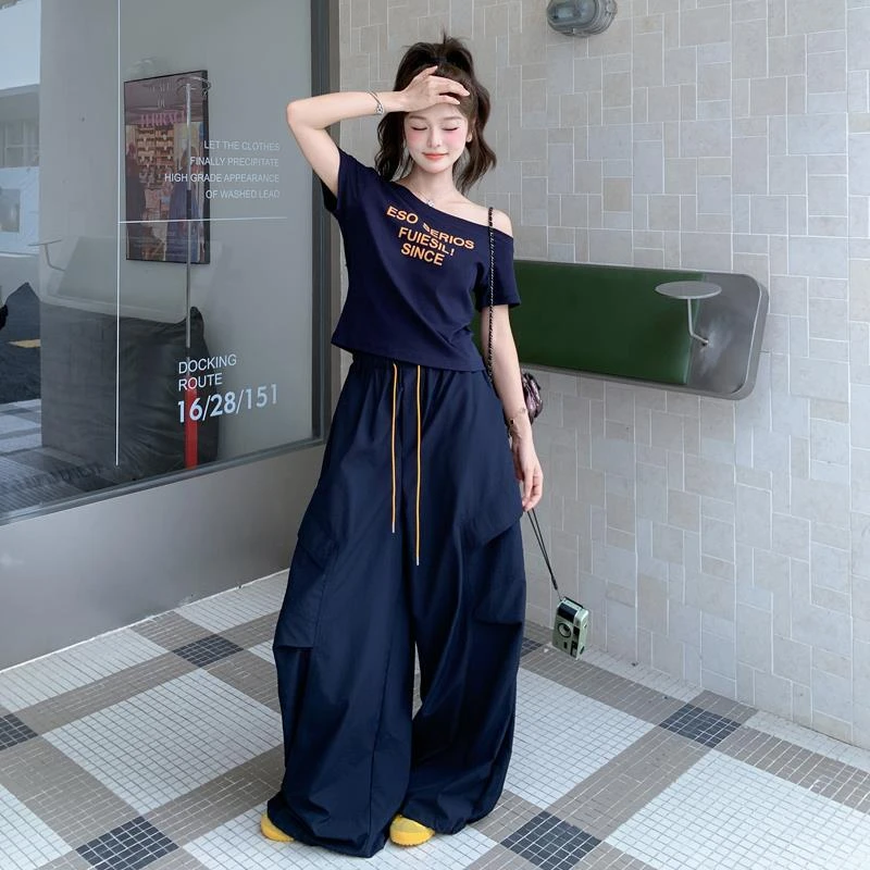 美式甜酷复古斜肩短袖T恤套装女2025夏季轻薄工装阔腿裤两件套潮