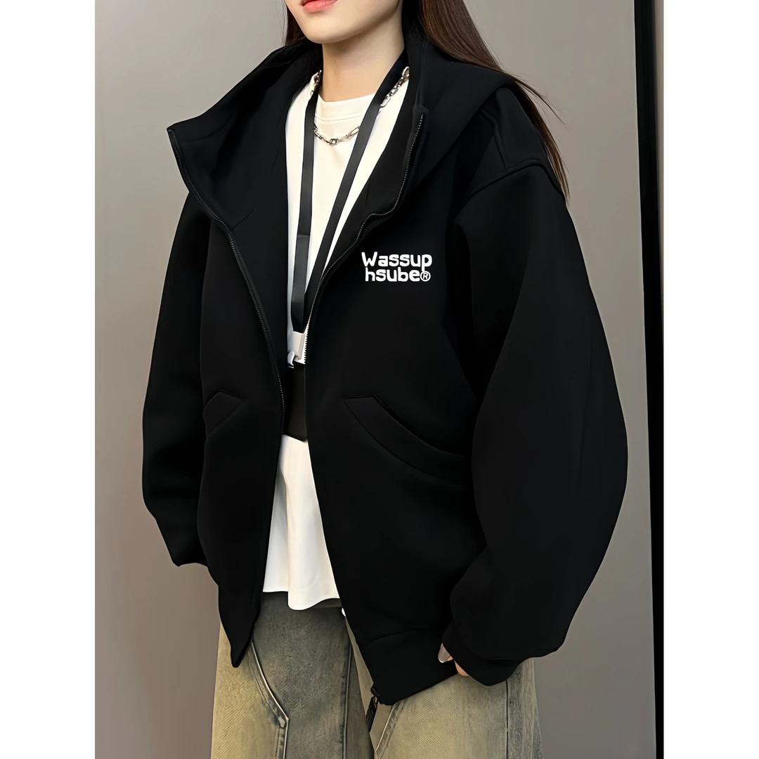 美式潮流简约字母印花高领开衫连帽卫衣休闲秋冬季情侣拉链外套