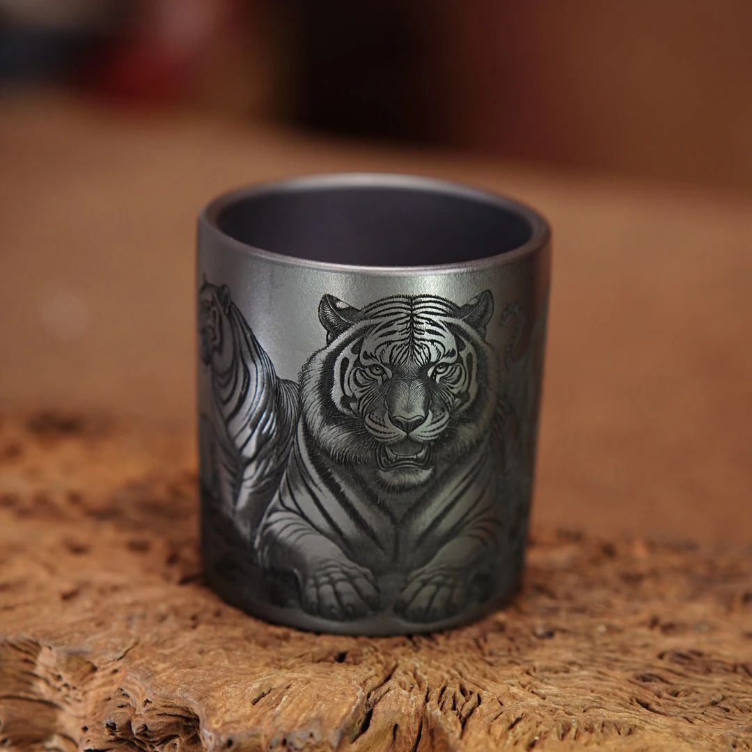 宜兴正宗原矿紫砂茶具纯手工家用大容量石黄猛虎刻绘紫砂杯大容量