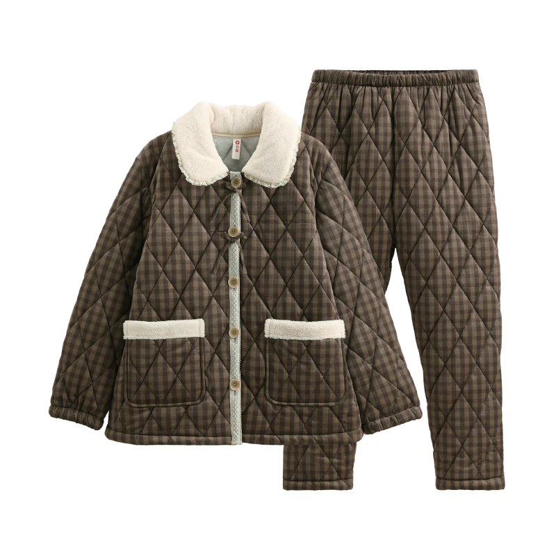 芬腾睡衣女款冬季三层加厚珊瑚绒夹加绒保暖冬天法兰绒家居服