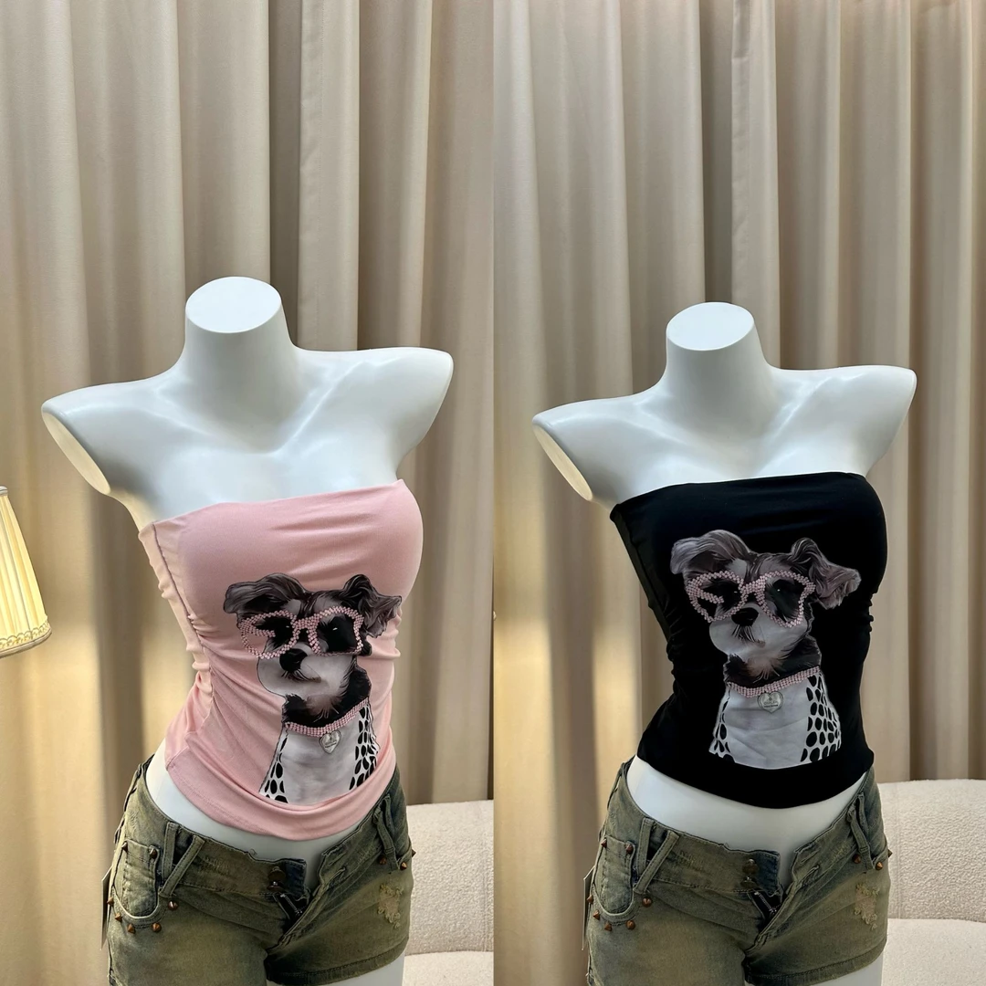 钉珠狗狗吊带背心女外穿夏季泰式辣妹一字肩抹胸小上衣带胸垫绝美