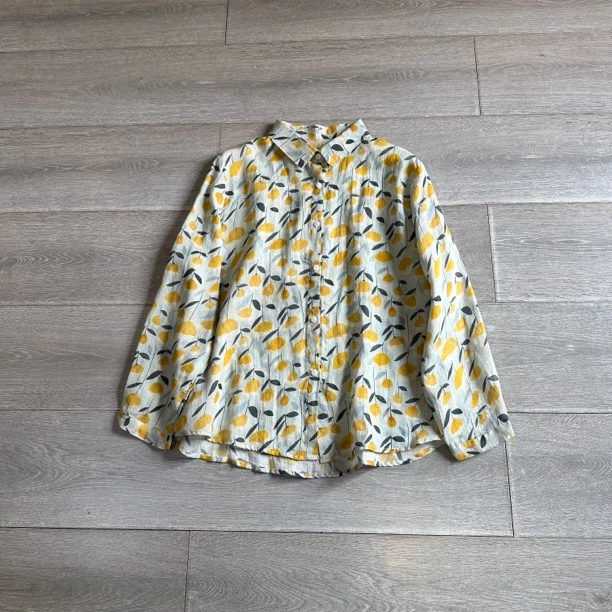 ALJ402文艺夏日苎嘛长袖衬衫柠檬色印花设计