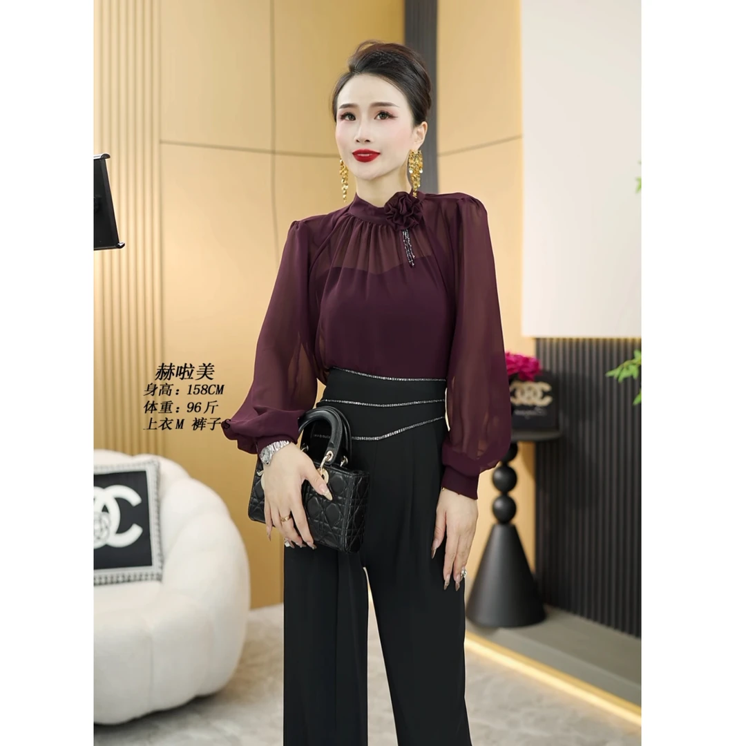 【赫啦美】新款时尚气质围巾领设计灯笼袖宽松上衣女