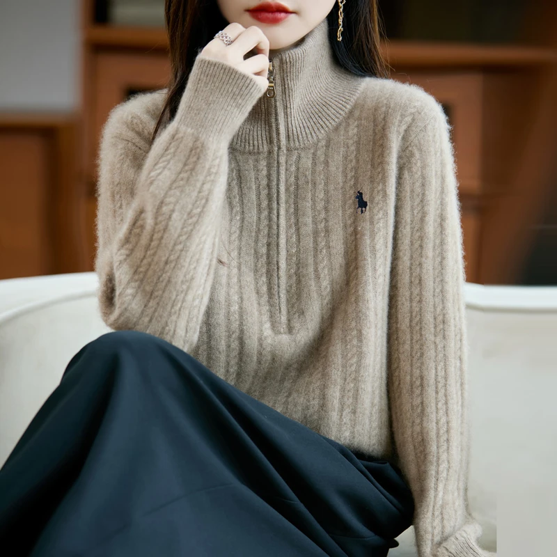 100%纯羊毛女士半拉链刺绣高领针织衫时尚百搭秋冬新款 NJRG946