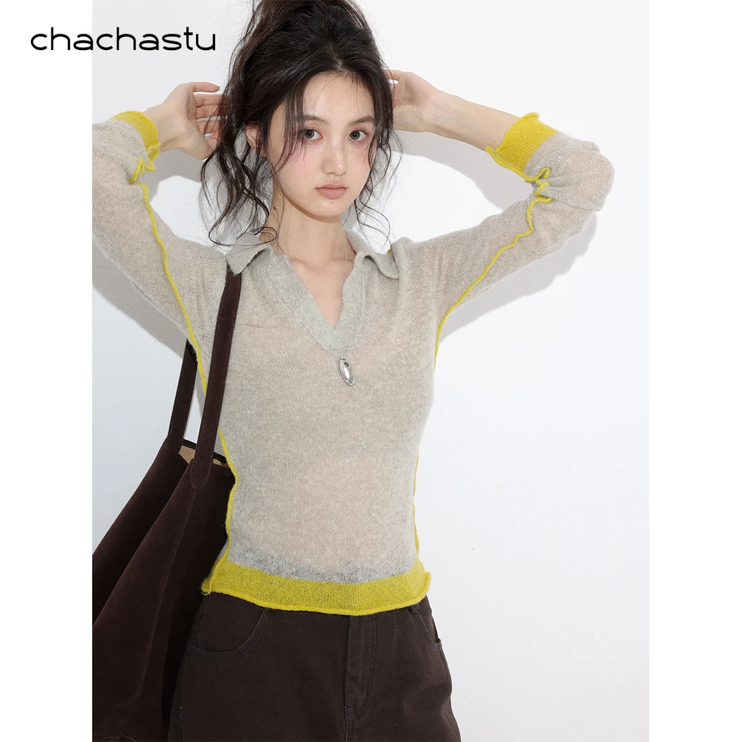 CHACHASTU【毛织】复古小众拼色软绵绵肤感气质Polo针织衫XX6098