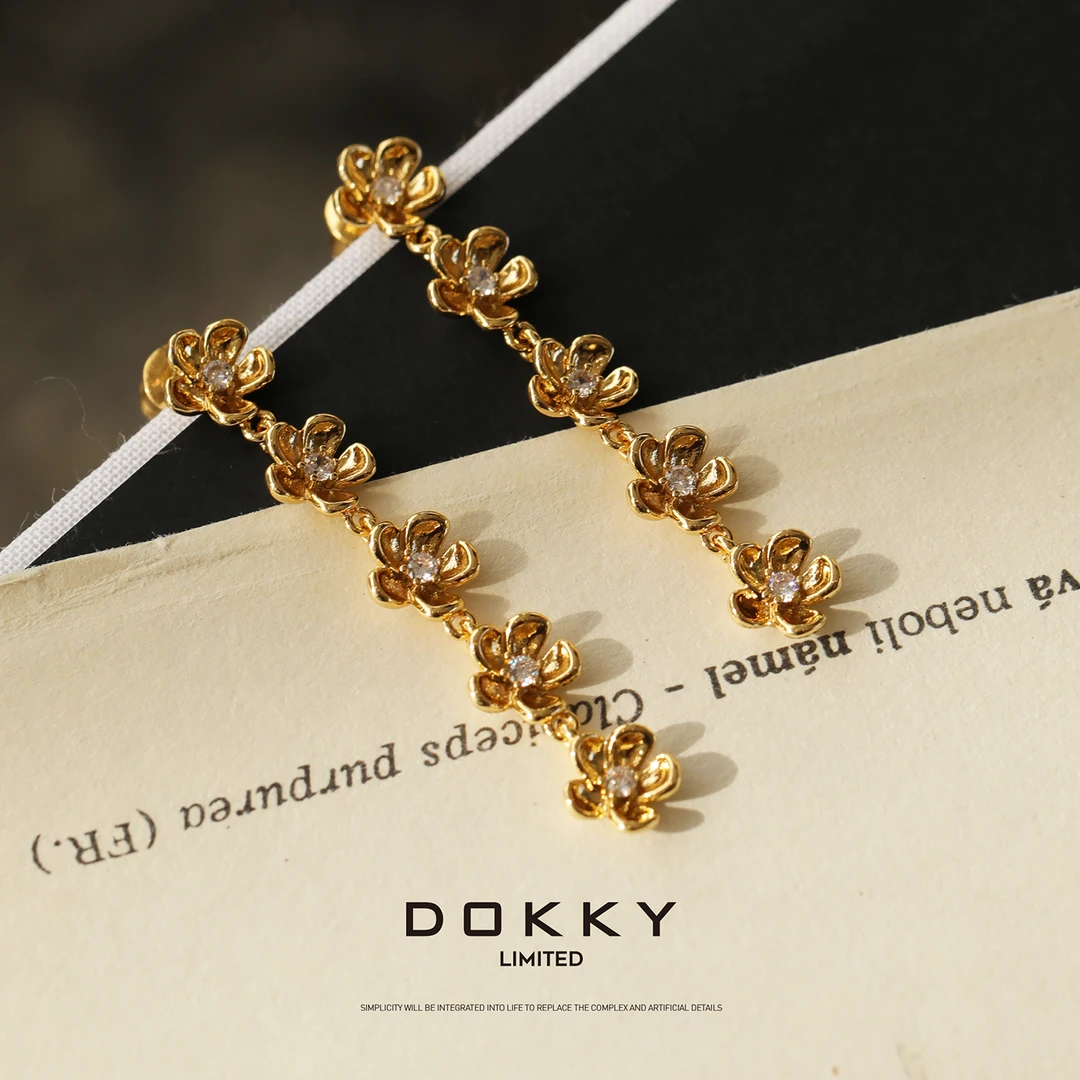 铜合金锆石耳饰 【藤萝恋月】DOKKY铜镀QT金.微镶白锆S925银针耳钉