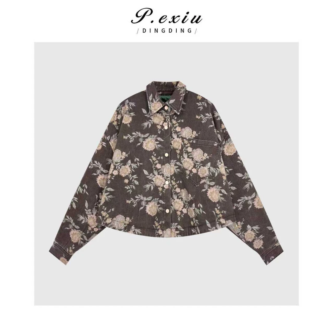 复古花朵印花做旧百搭夹棉牛仔外套 D67045
