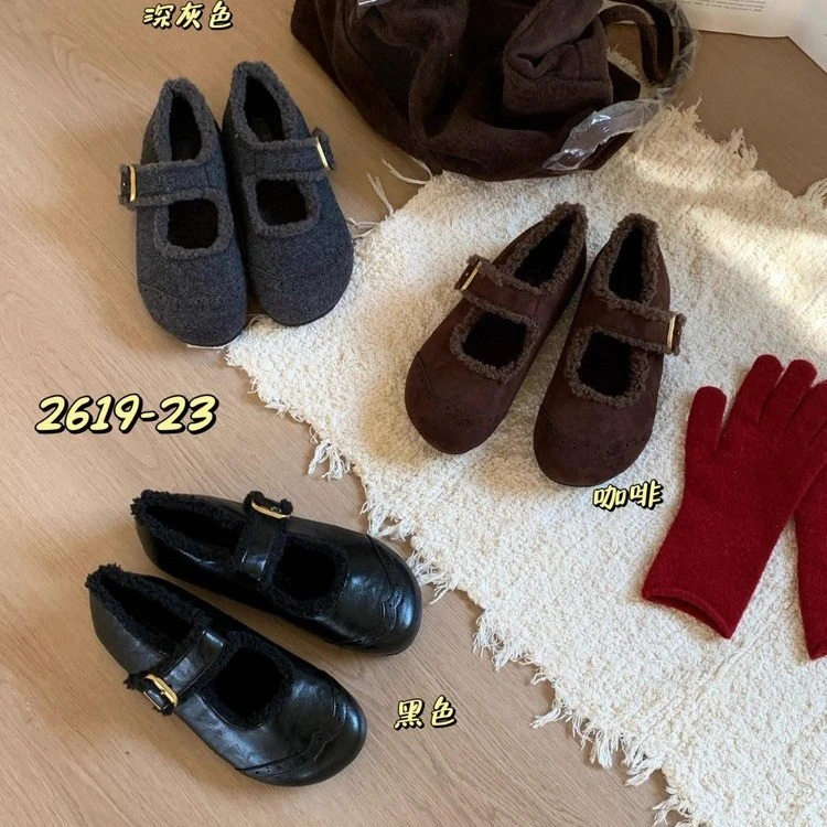 复古加绒厚底百搭勃肯鞋秋冬软底一字带玛丽珍鞋防寒保暖毛毛鞋女