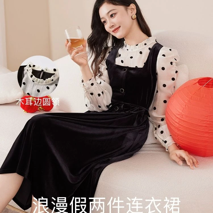 Q841052连衣裙 【新年战袍】香影丝绒假两件连衣裙女秋冬赫本正
