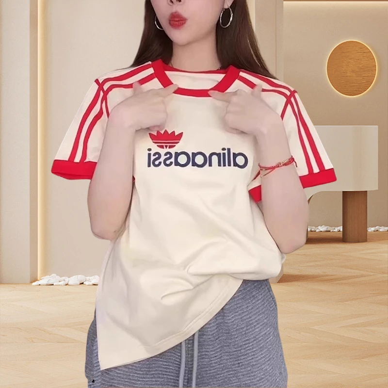 夏季新款拼接撞色t恤女ins韩式运动休闲百搭上衣时尚优质纯棉短袖