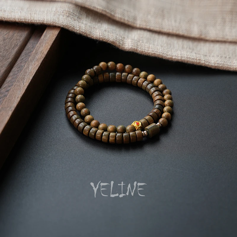 奕禾林 绿檀0.6药片圆珠双圈手串