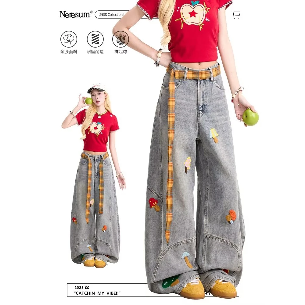 牛仔裤花卉刺绣水洗直筒裤潮牌设计感宽松百搭长裤带飘带