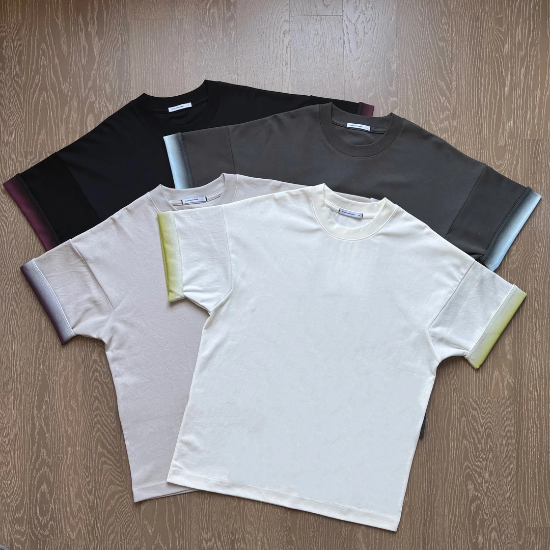 撞色设计~复古扎染渐变袖口纯色短袖圆领T恤男女宽松美式高街