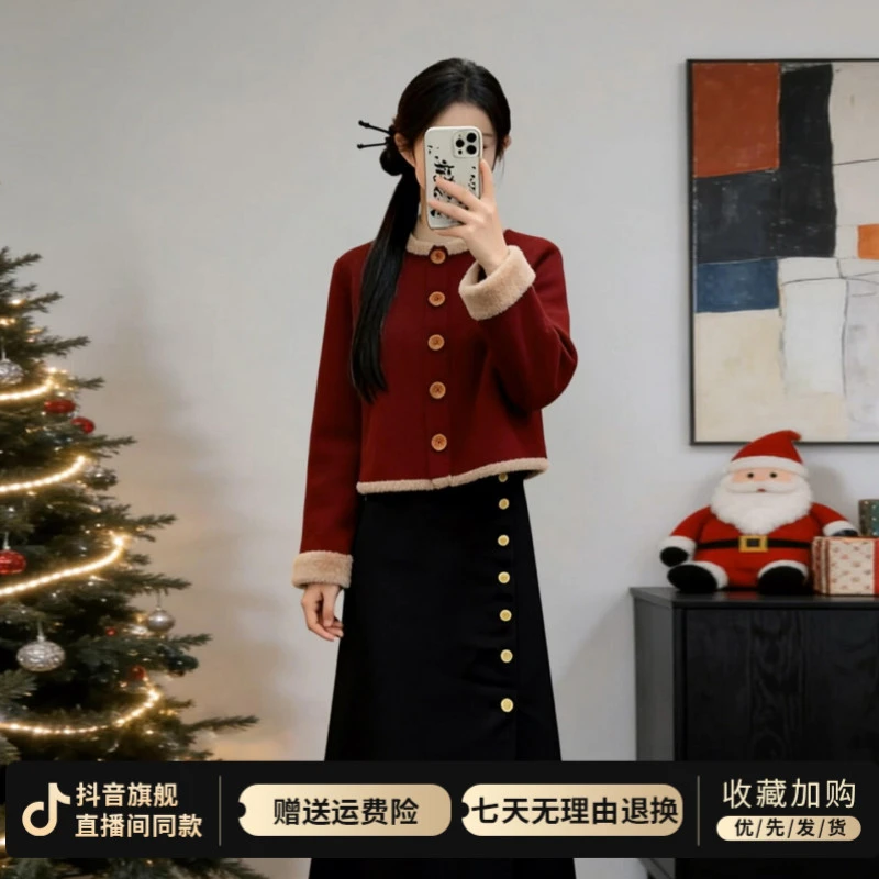 新年战袍新中式国风红色连衣裙女秋冬2025新款穿搭一整套长裙套装