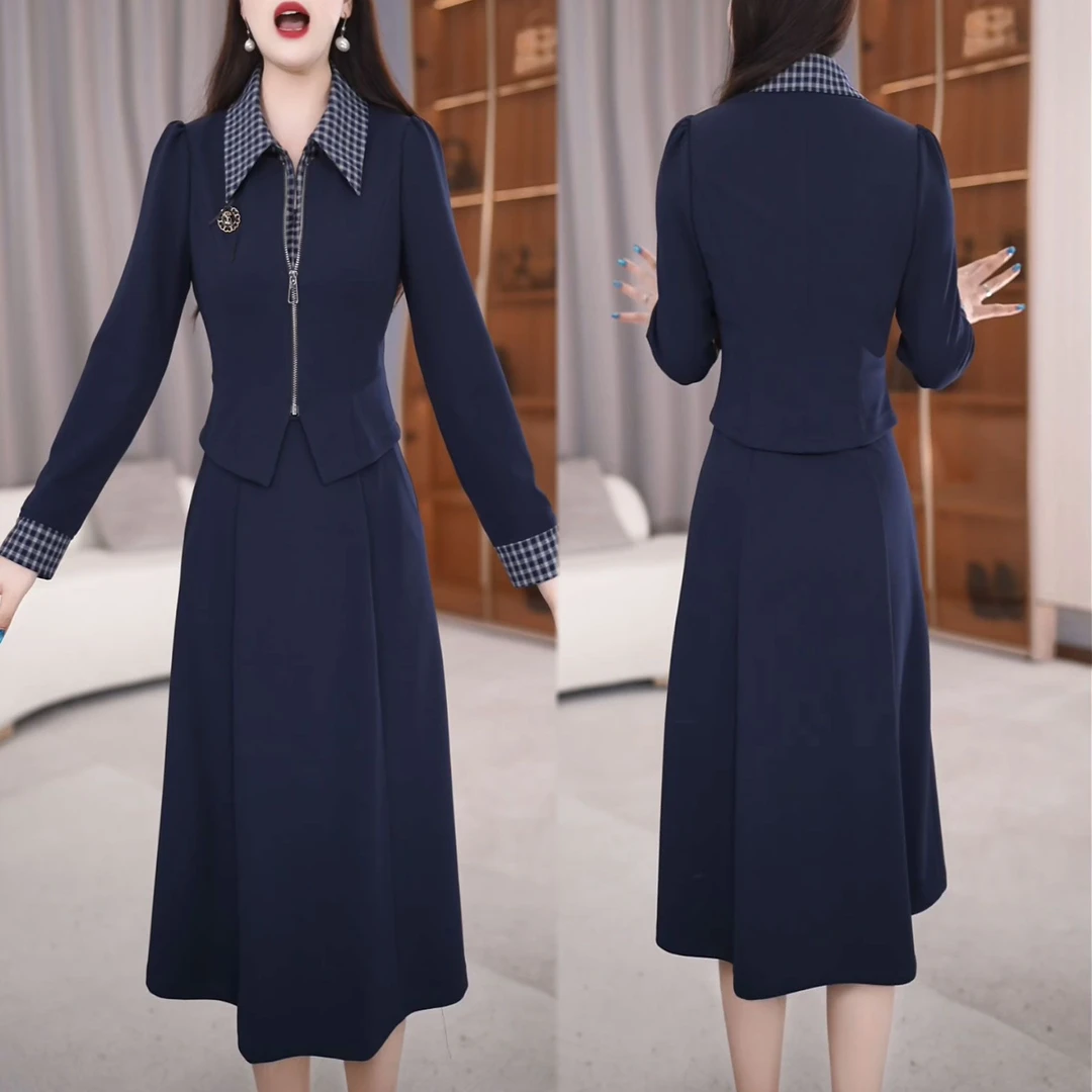 高端时尚气质假两件2025秋季新款拼接外套衬衫式POLO领长袖连衣裙
