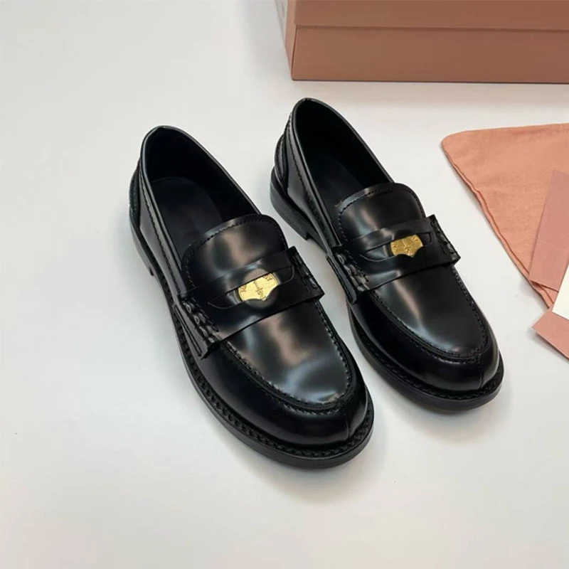 厚底金币乐福鞋女2025新款粗跟小皮鞋圆头休闲时髦一脚蹬复古单鞋