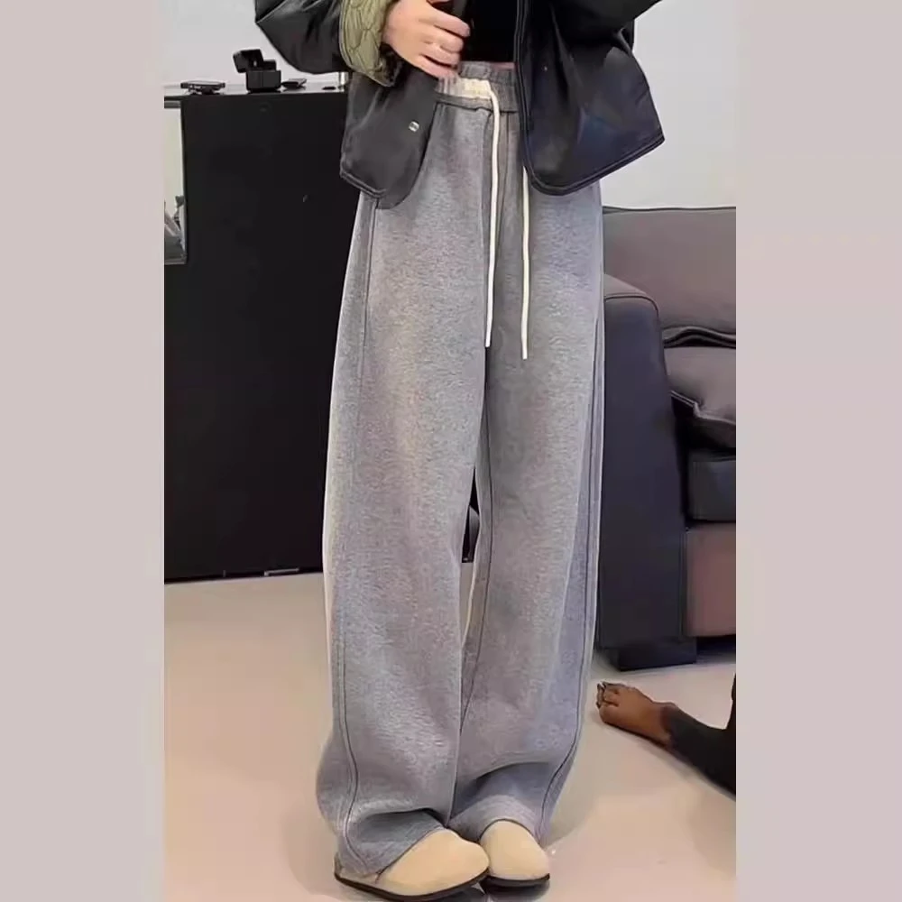 芯娇晴灰色运动风休闲卫裤女春秋新款加绒加厚抽绳弯刀镰刀阔腿裤