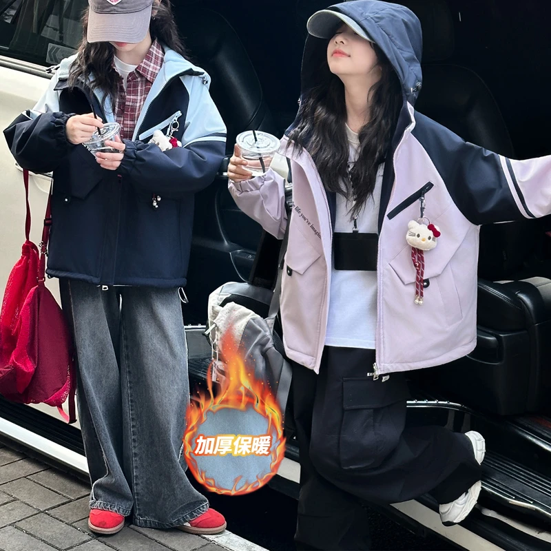 送公仔女童秋冬加绒加厚两面穿外套中大童女孩宽松夹克连帽棉衣服