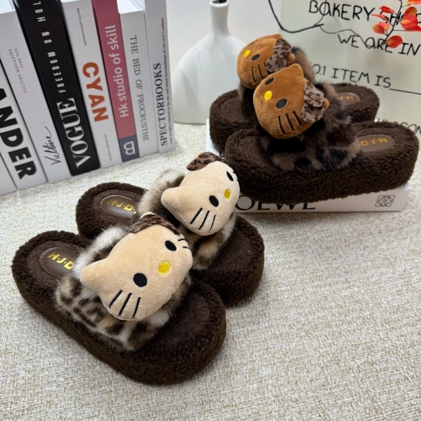 厚底毛毛拖鞋外穿2025秋冬新款小个子豹纹防滑加绒保暖居家棉拖鞋