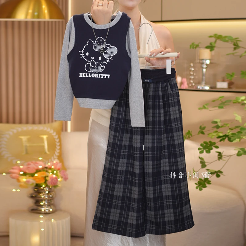 【闺蜜家】女童秋季2025新款时尚潮假两件上衣+格子阔腿裤套装-8874