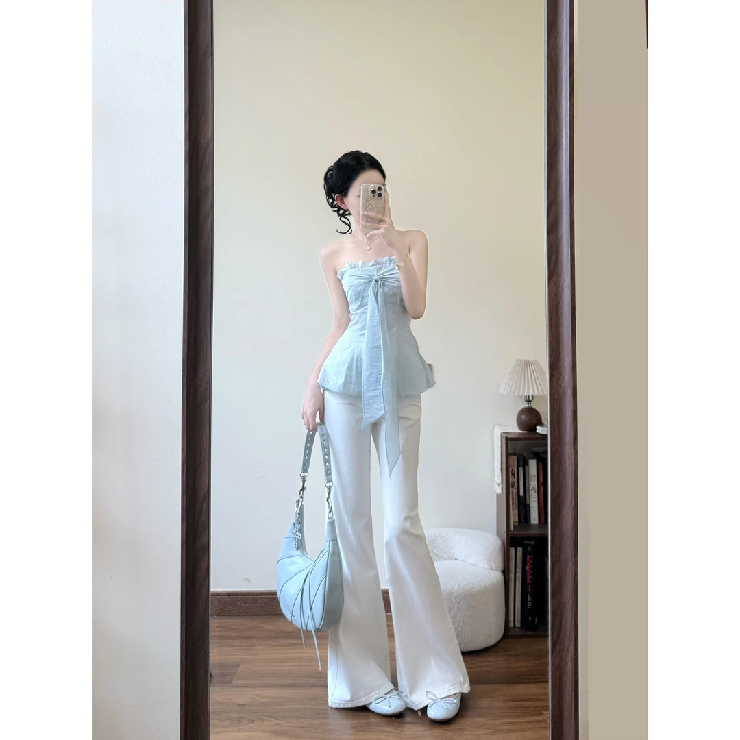 NS CEC甜系纯欲风薄荷蓝蝴蝶结抹胸吊带上衣女微喇牛仔裤套装