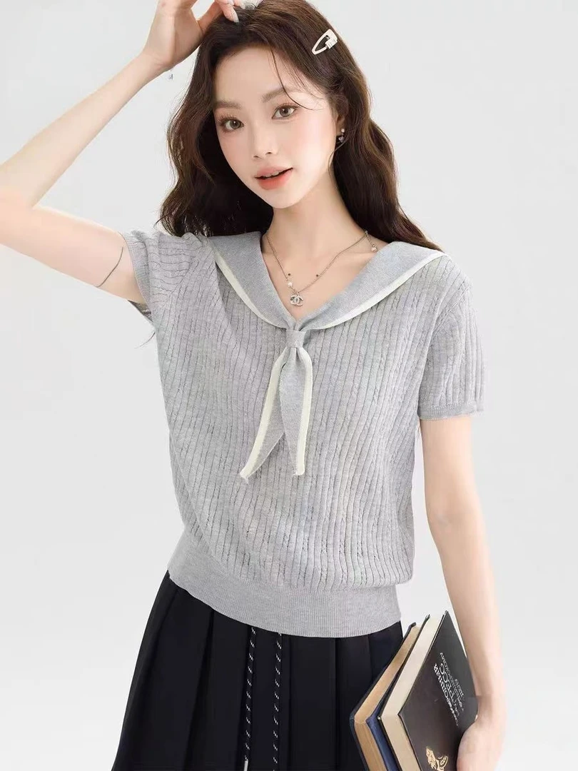 POLO领刺绣短袖针织衫竖纹麻花薄款纯色翻领独特漂亮小衫女款