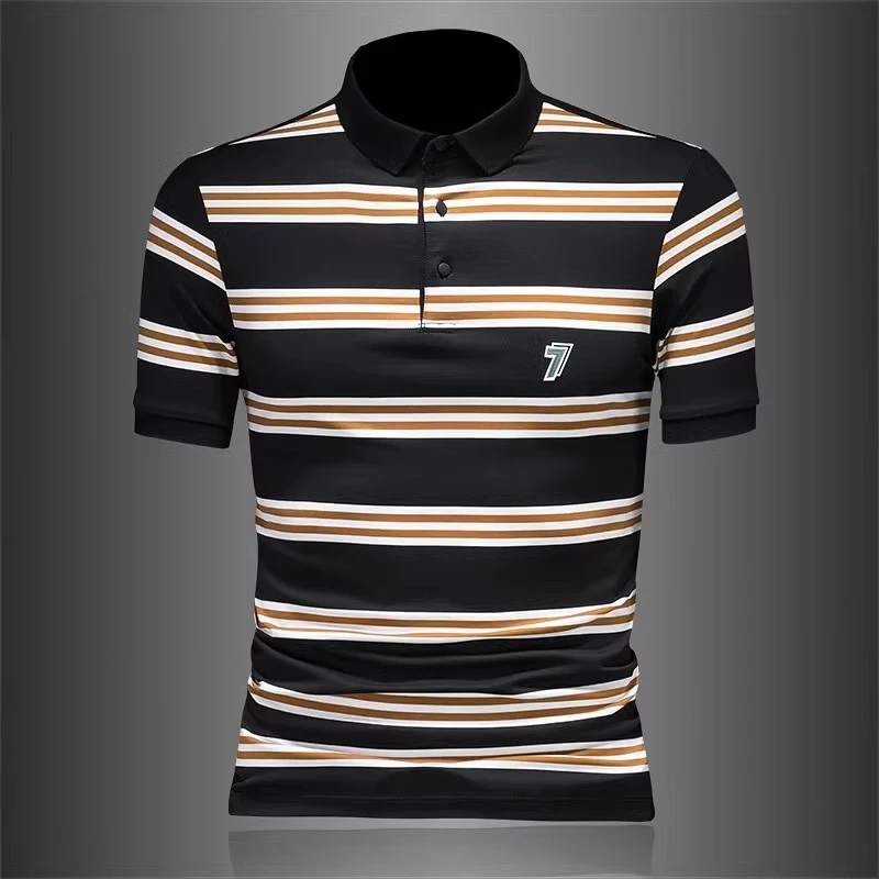 男士短袖polo衫2025夏季新款轻奢高级感条纹翻领修身半袖休闲上衣