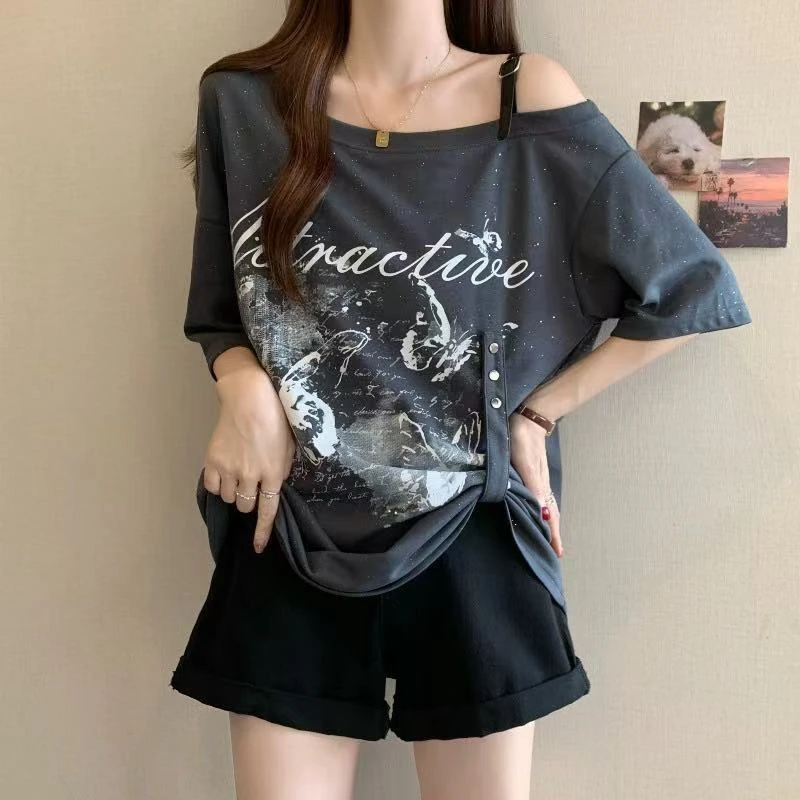 大码美式露肩正肩短袖t恤女夏季2025新款胖mm宽松遮肉遮肚子上衣