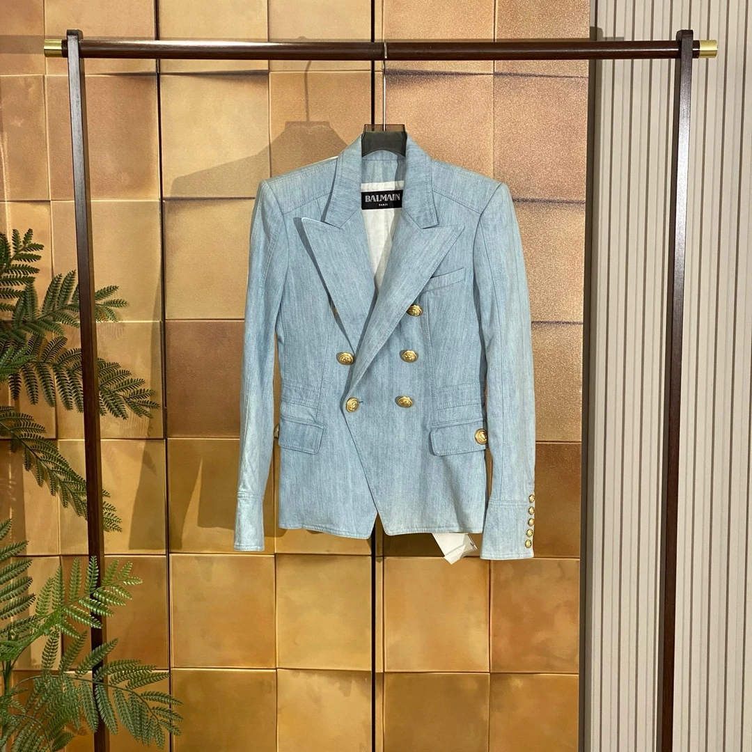 Balmain 水洗蓝金扣垫肩牛仔外套/40码/全新带备用扣/26809