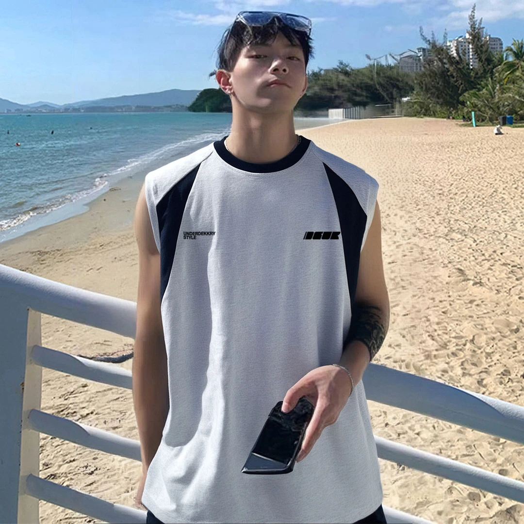 100%纯棉美式潮牌拼接坎肩男女背心夏季设计感ins字母印花无袖T恤