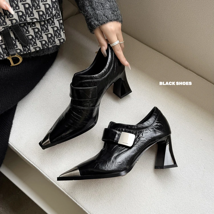 头层牛皮~7cm复古手抓纹真皮高跟单鞋金属尖头气质时尚简约高跟鞋