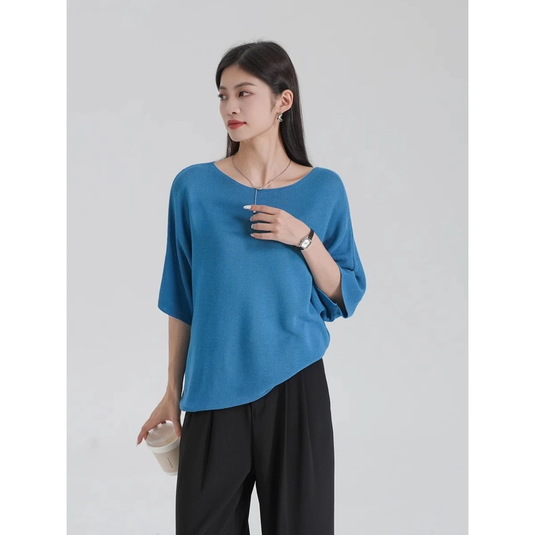 蓝色气质针织短袖t恤女2025新款夏季七分袖宽松显瘦内搭打底上衣