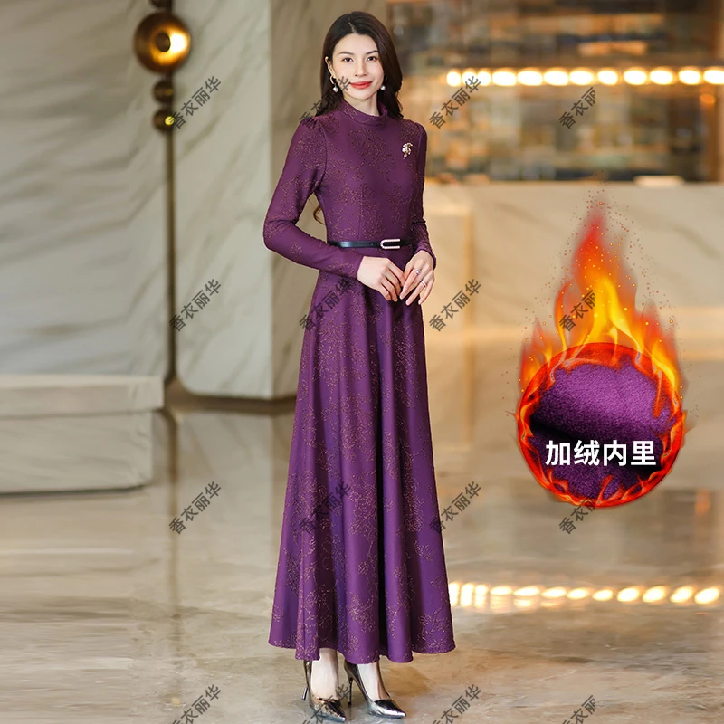 304-284冬季加厚加绒长裙气质简约长裙修身显瘦气质连衣裙