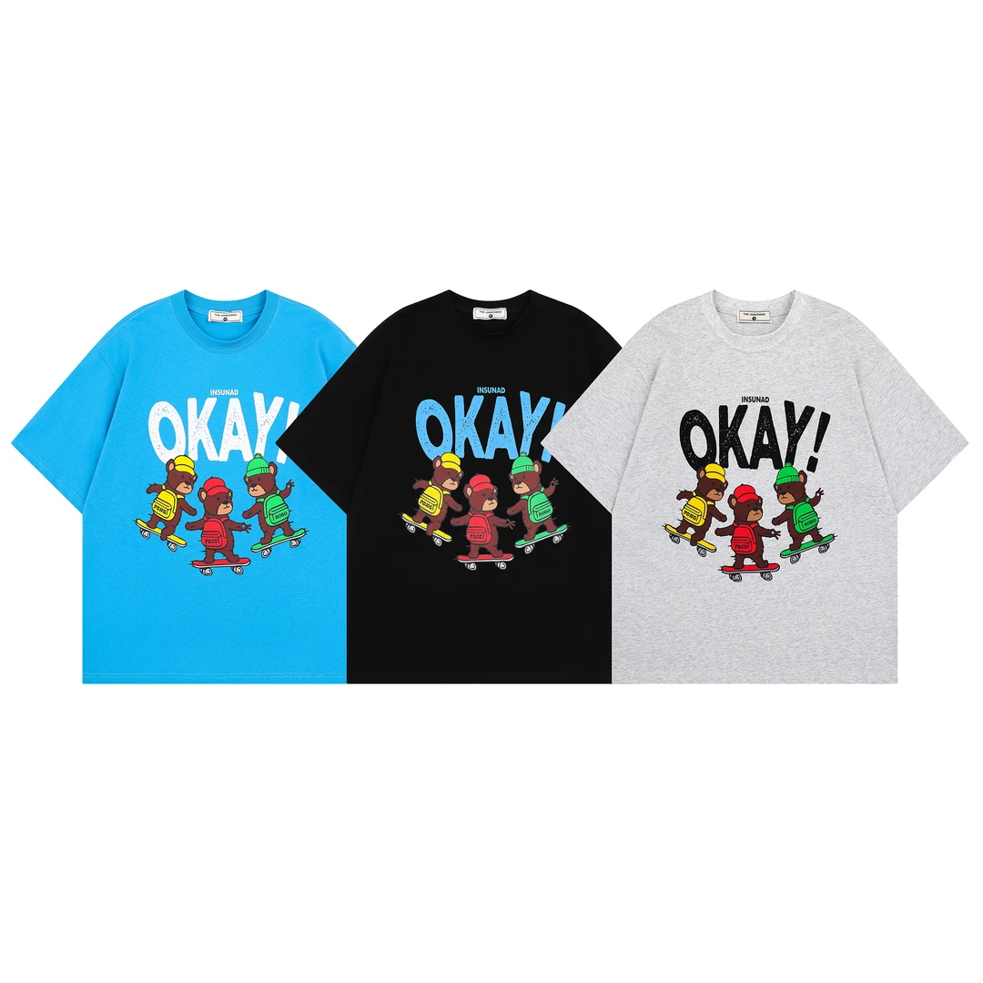 592C 男女同款美式童趣味卡通印花短袖情侣百搭蓝色短袖慵懒风