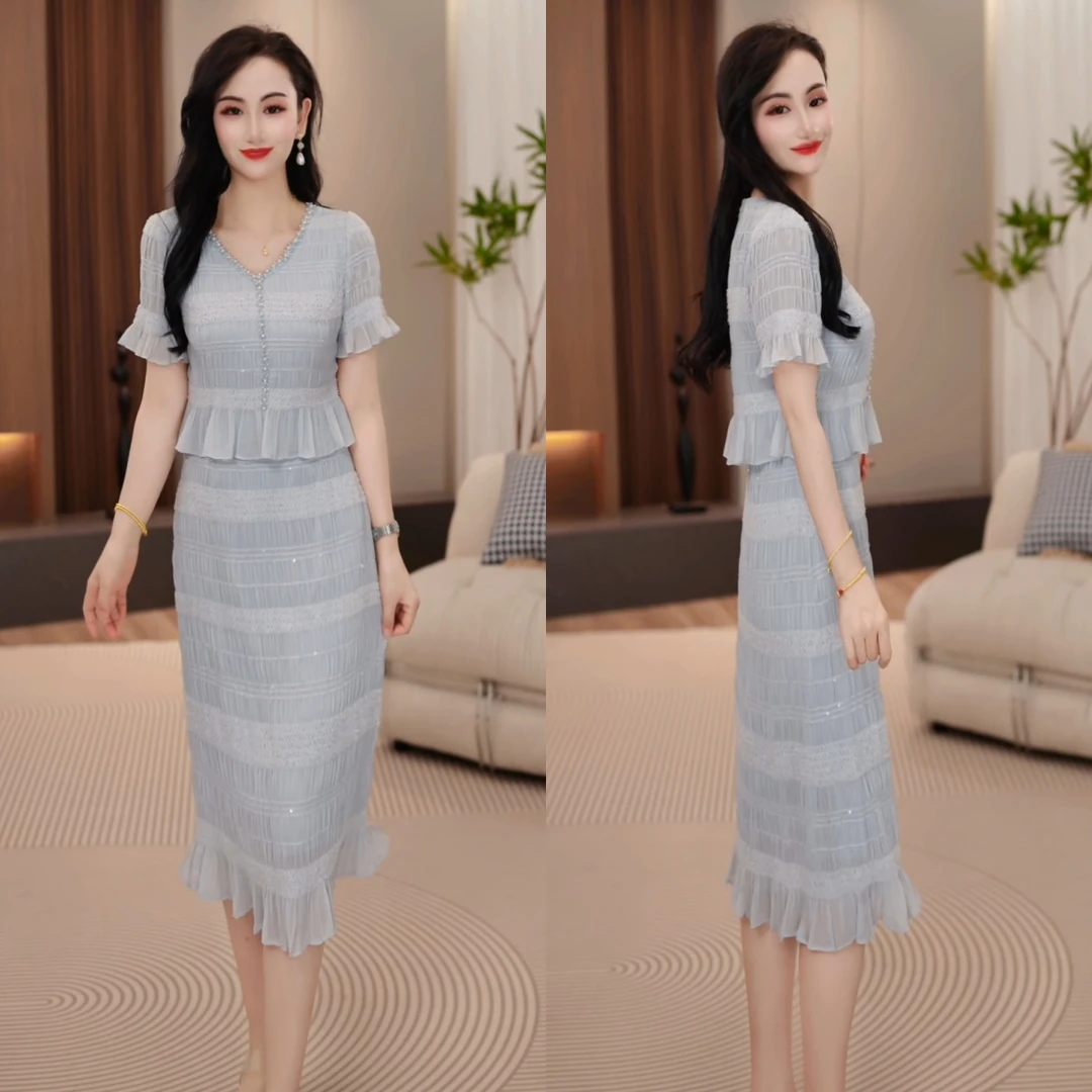2025夏季时尚新款百搭短袖高级小清新显白优雅假两件连衣裙M-4XL