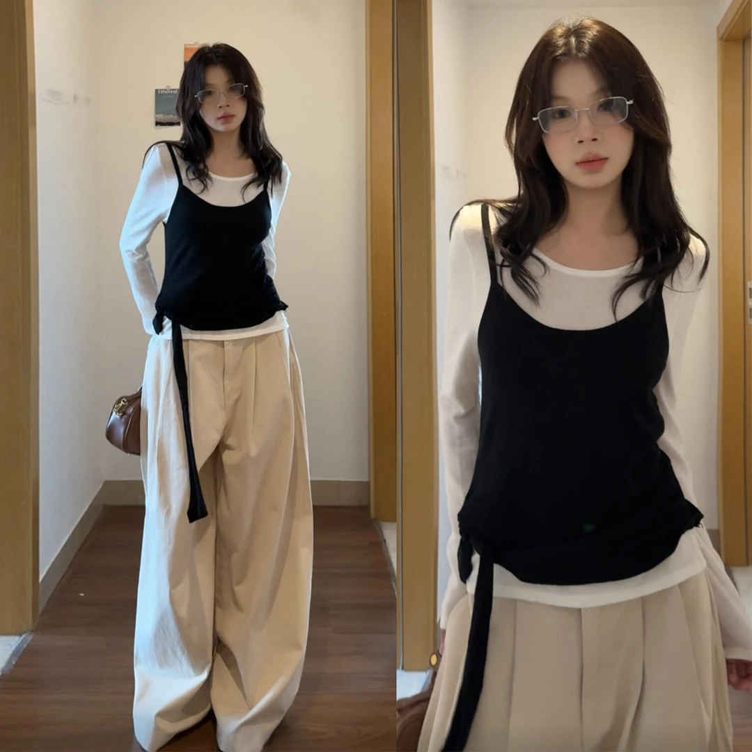 韩系慵懒松弛感上衣早秋穿搭长袖t恤女叠穿背心高级感巨好看套装