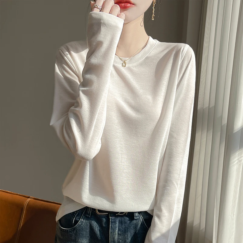 春夏季新款莱赛尔T恤女薄款纯色长袖宽松显瘦上衣百搭防晒打底衫