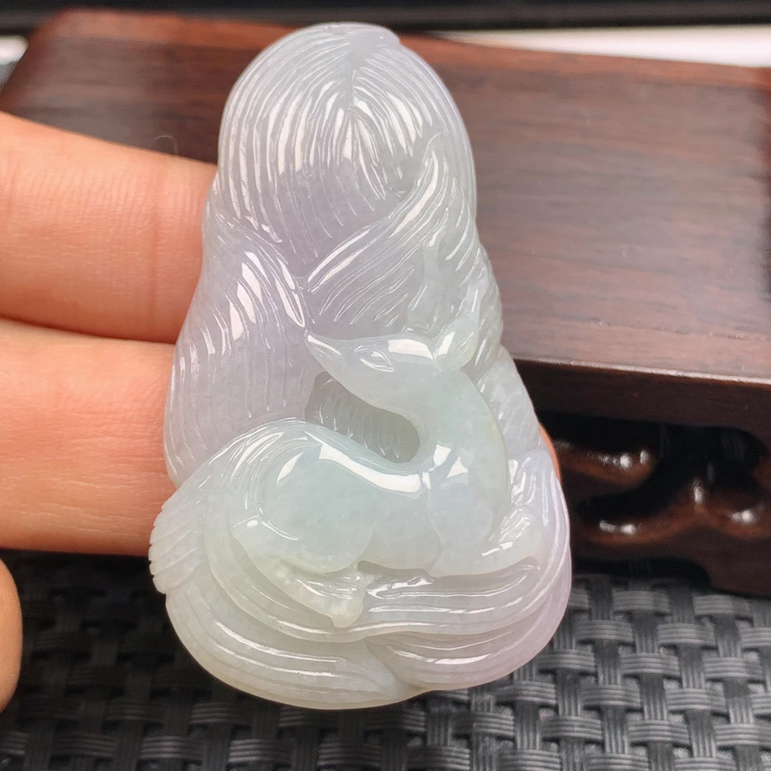 天然缅甸翡翠A货玉九尾狐狸挂件厚装冰透紫罗兰浅绿狐狸吊坠挂坠