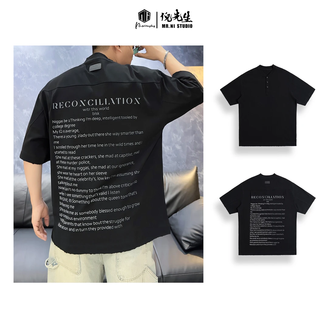 MR.NI/倪先生「亨利美潮」男士纯棉休闲百搭夏季印花宽松短袖T恤