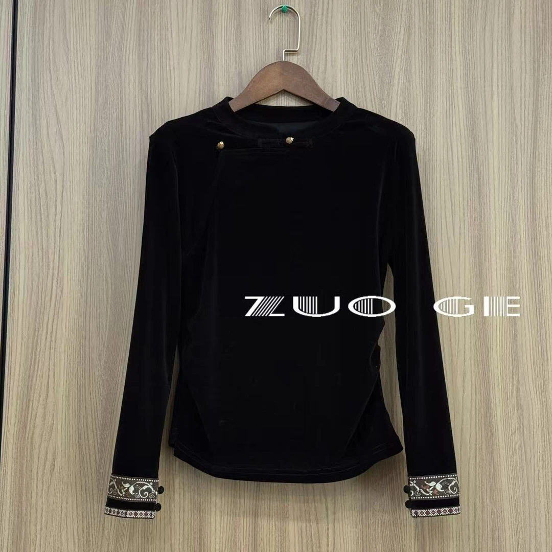 ZUOGE-2025秋冬新款新中式国风丝绒长袖T恤