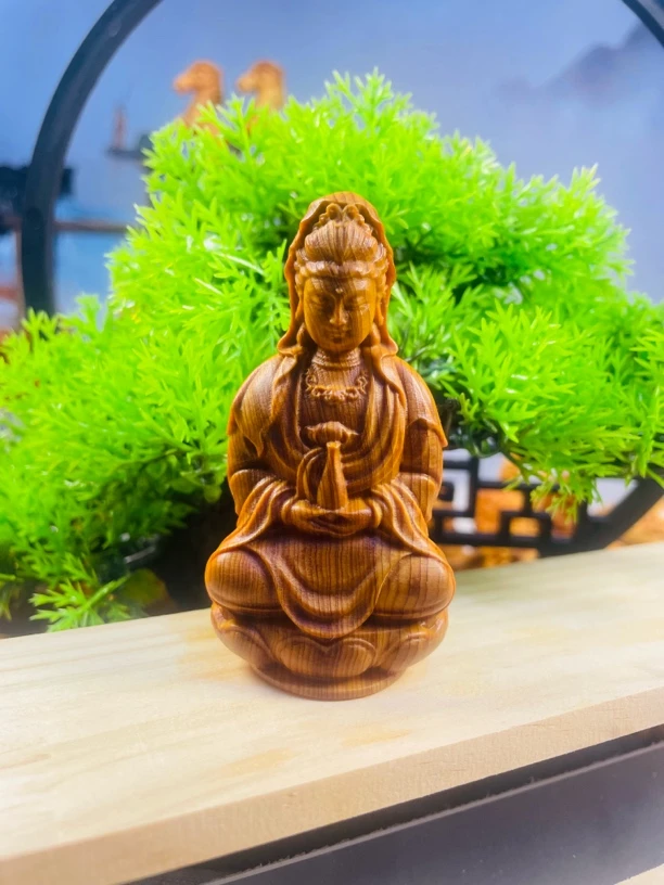 崖柏木雕观音摆件手把