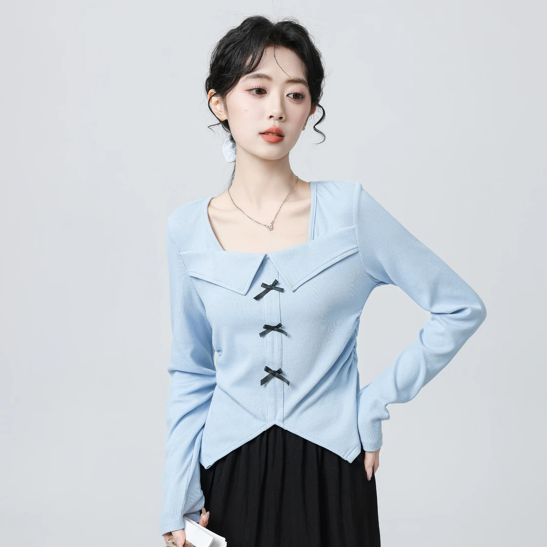法式蓝色长袖T恤女秋2025春秋新款方领蝴蝶结收腰打底别致短上衣