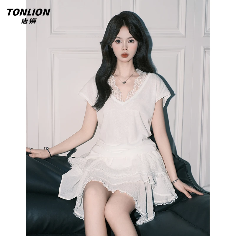 唐狮新款法式纯欲蕾丝V领背心小衫女白色短袖薄上衣夏季独特套装