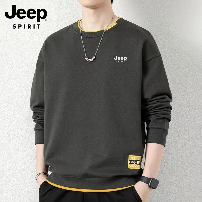 Jeep spirit吉普圆领卫衣男士春秋宽松套头长袖T恤假两件宽松上衣
